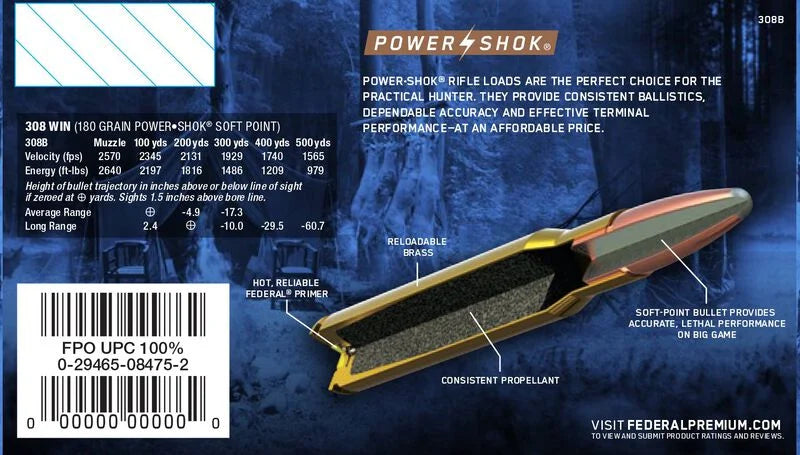 Federal- Power-Shok Jacketed Soft Point Ammunition- 308 WIN, 180 Grain