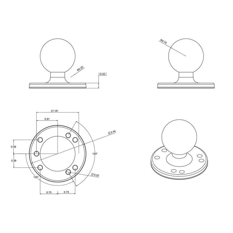 RAM Mouns- Round Base with Ball- C Size
