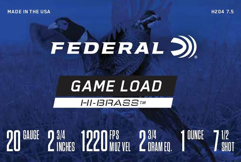 Federal- Game Load Upland Hi-Brass Ammunition, 20 GA, 2 3/4", 1 oz, #7.5