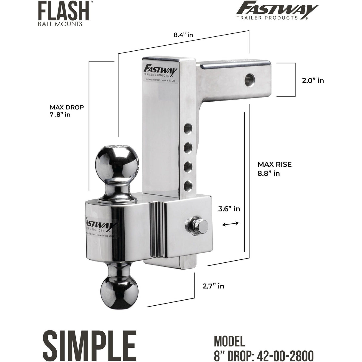 Fastway- E Series Trailer Hitch with Adjustable Ball Mount, 2" Receiver 8" Drop